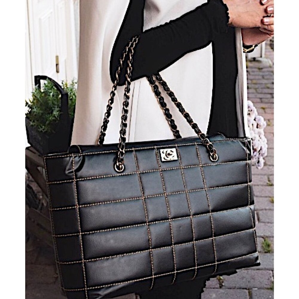 Chanel Chocolate Bar Wild Stitch Chain Bag in Black Leather with Gold Hardware